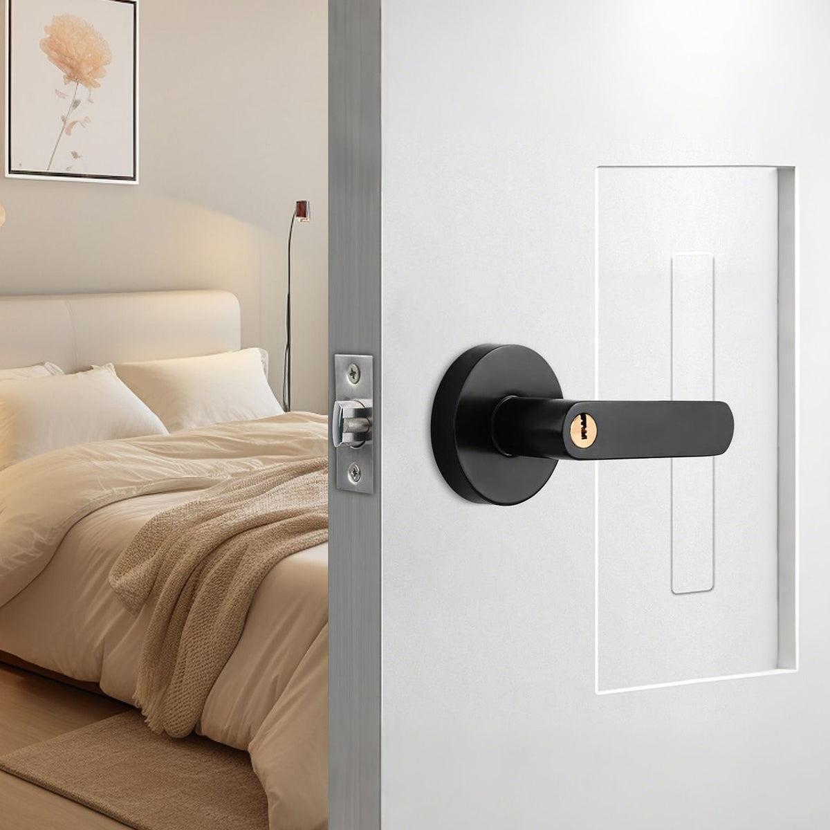 2 Pack Privacy Door Lever Handle with Key, Heavy Duty Interior Door Lock, Round Design, Matte Black
