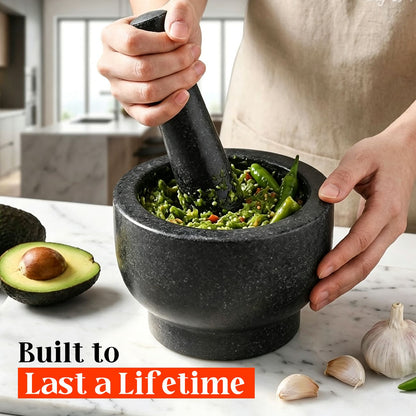 Granite Mortar and Pestle Set, 480ml Heavy Duty Stone Grinder Bowl with 15.5cm Pestle, Dark Grey, Manual Spice Grinder for Guacamole, Salsa, Pesto, Herbs, Spices, Nuts & Seeds