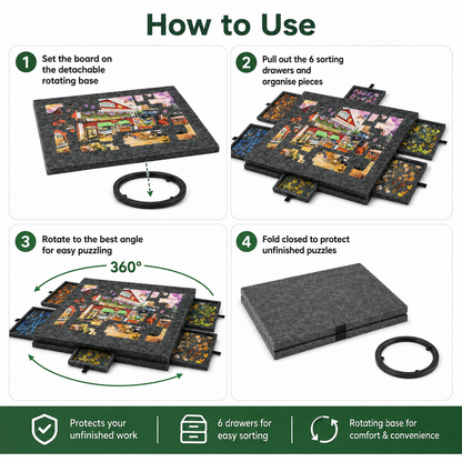 360° Rotating Jigsaw Puzzle Table, 2-in-1 Puzzle Board with Cover & Stand, 6 Drawers, Portable Felt Puzzle Tray for Up to 1000 Pieces