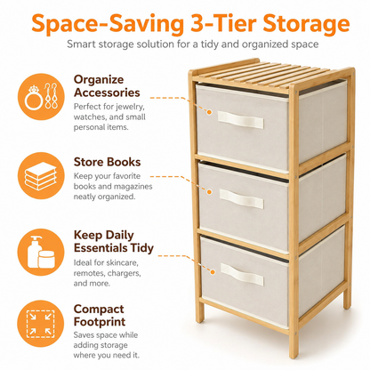 3 Drawer Bamboo Storage Chest Fabric Drawers Multi-Purpose Organiser for Bedroom Bathroom Laundry