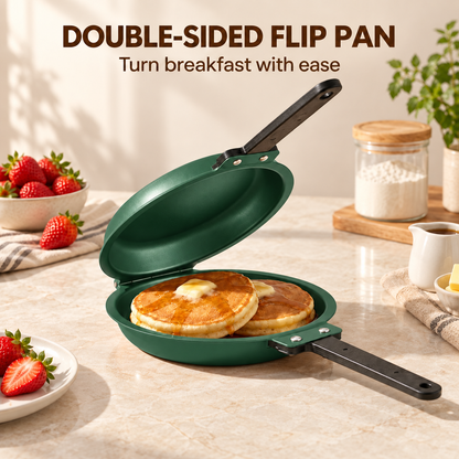 Double-Sided Non-Stick Frying Pan, Flip Pancake Pan with Heat-Resistant Handle for Eggs, Pancakes & Toast, Gas Electric & Ceramic Stoves-Green