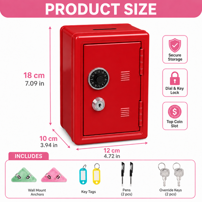 Lockable Metal Money Box, Cash & Coin Storage Box with Key Lock, Compact Piggy Bank for For Kids & Adults, Office & Small Valuables-Red
