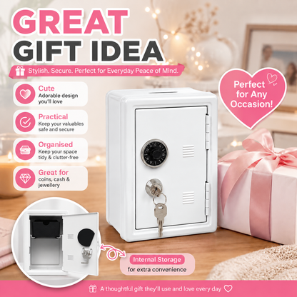 Lockable Metal Money Box, Cash & Coin Storage Box with Key Lock, Compact Piggy Bank for For Kids & Adults, Office & Small Valuables-White
