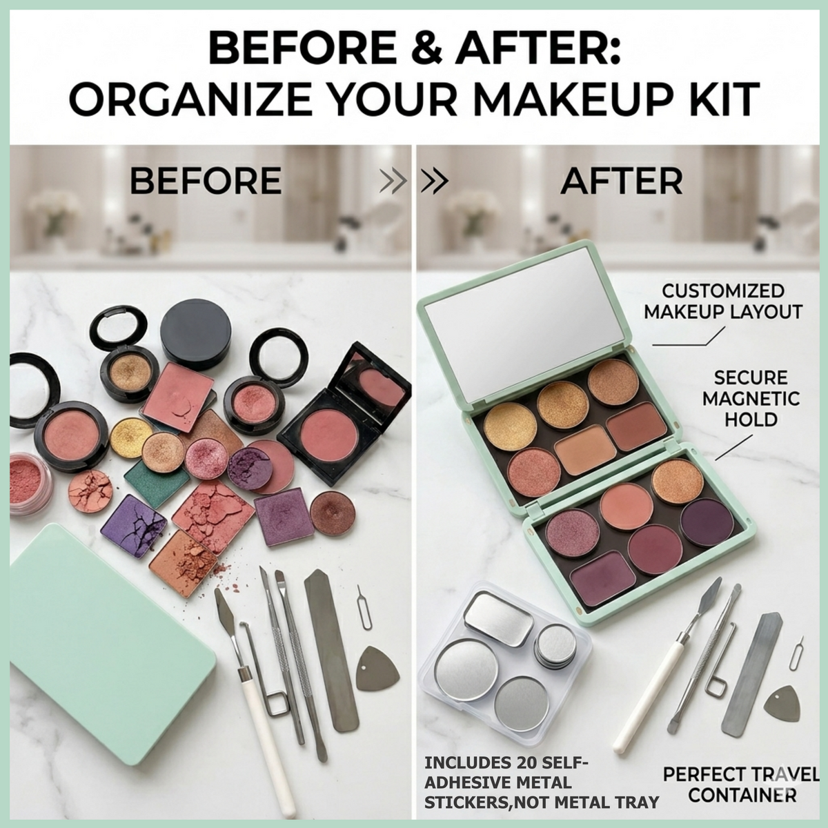 Portable Magnetic Makeup Palette With Mirror, Double-sided Folding, Refillable Eyeshadow Palette with Lid, DIY Eyeshadow Pan Dispensing Storage Box for Lipstick Blush Powder