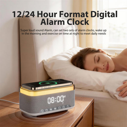 15W Fast Wireless Charging Alarm Clock with Bluetooth Speaker, White Noise Mochine & RGB Night Light, 6-in-1 Digital Bedside Alarm Clock Radio for Bedroom, Grey
