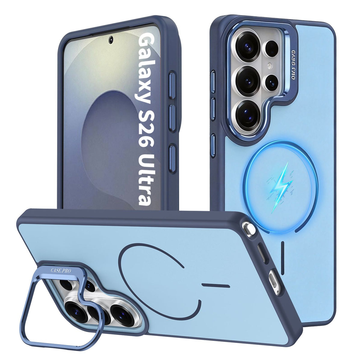 for Samsung Galaxy S26 Ultra Case with Lens Kickstand, Support Wireless Charging, Military-Grade Shockproof Protection Slim Magnetic Case, Soft TPU Acrylic PC Material, Blue