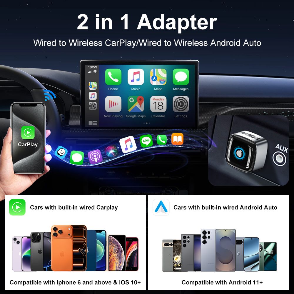 3 in 1 Wireless CarPlay and Android Auto Adapter Plug and Play Carplay Adapter
