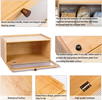 CARLA HOME Bamboo Bread Box, Kitchen Countertop Storage, Window Bread Holder