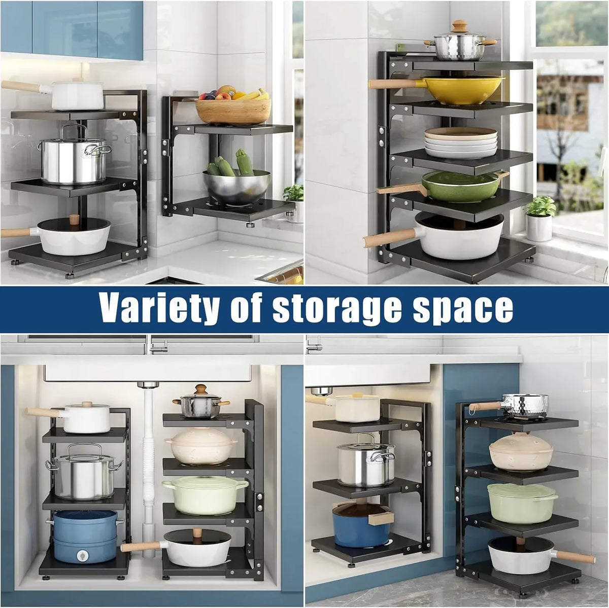 CARLA HOME Black 7 Tier Pan Organiser Rack - Heavy Duty - Adjustable - Pan Rack Kitchen