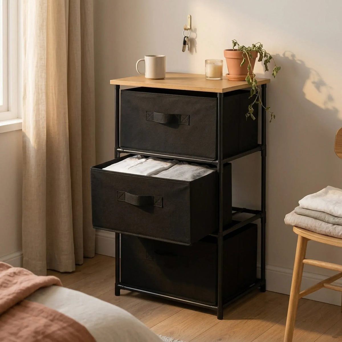 CARLA HOME 3 Drawer Fabric Storage Dresser - Steel Frame - Black - Storage Rack - Rustic