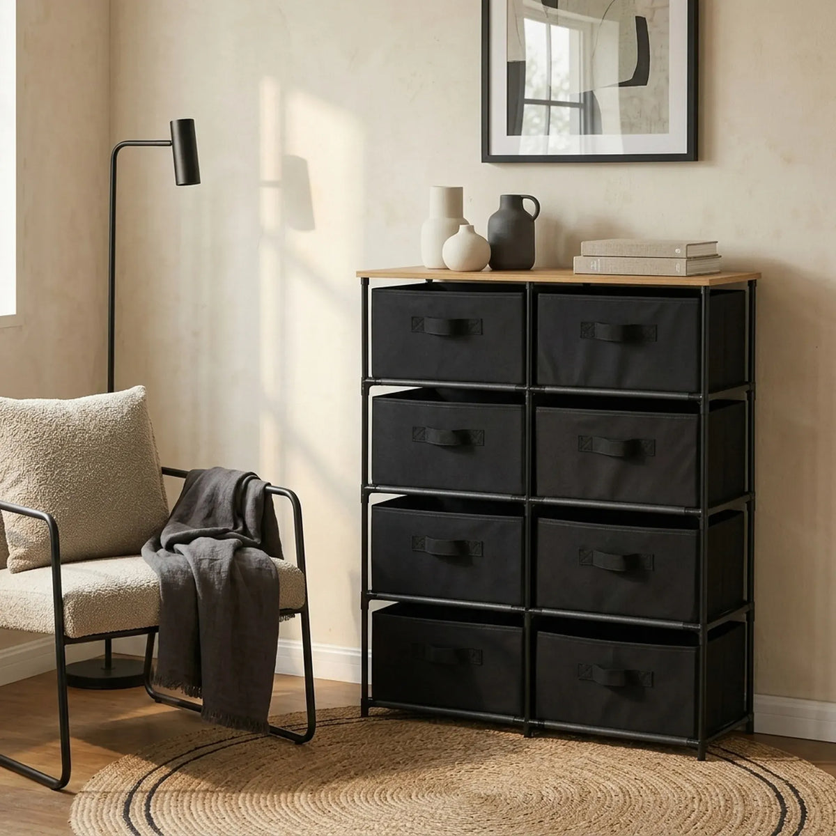 CARLA HOME 8 Drawer Fabric Storage Dresser - Steel Frame - Black - Storage Rack - Rustic