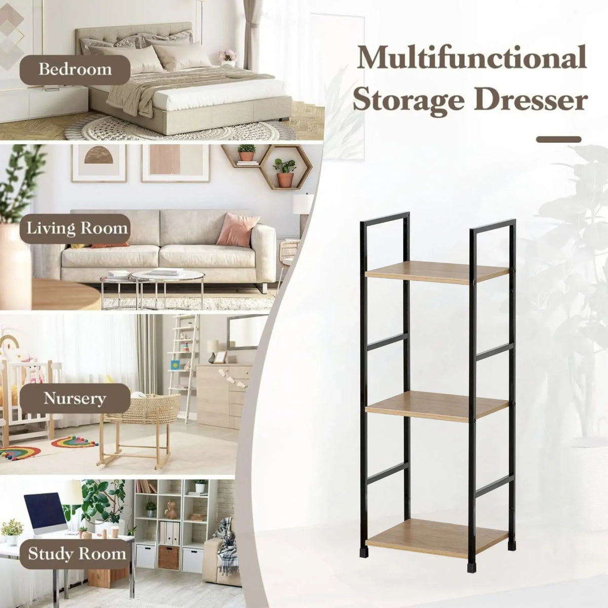 CARLA HOME 3 Tier Bookshelf - Wood Metal Display Shelf - Brown - Rustic - Steel - Living Room Office