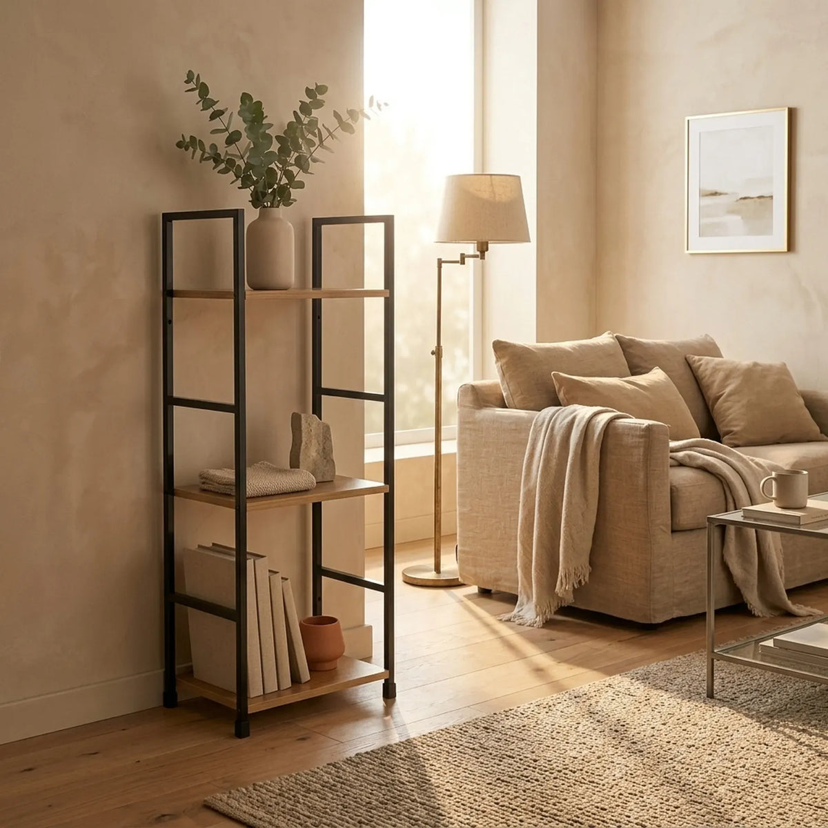 CARLA HOME 3 Tier Bookshelf - Wood Metal Display Shelf - Brown - Rustic - Steel - Living Room Office