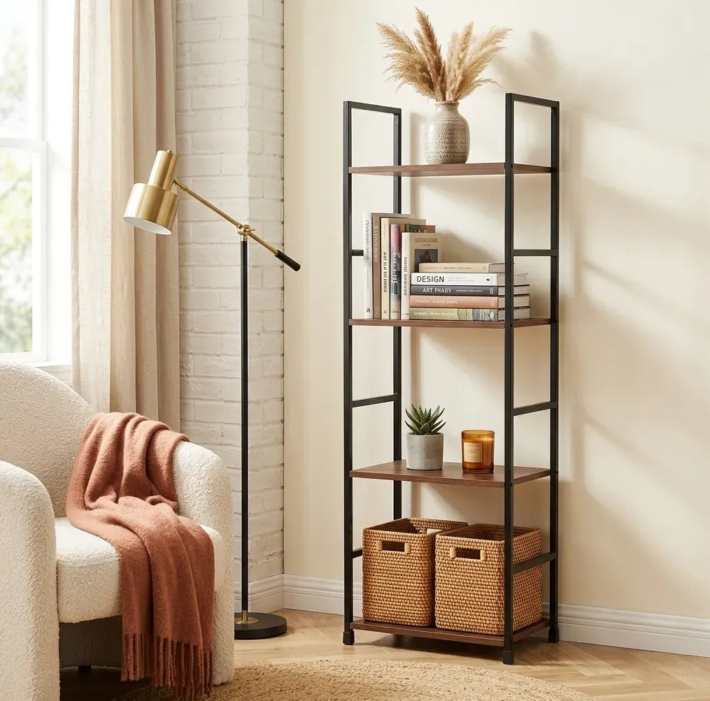 CARLA HOME 4 Tier Bookshelf - Wood Metal Display Shelf - Brown - Rustic - Steel - Living Room Office