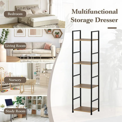 CARLA HOME 4 Tier Bookshelf - Wood Metal Display Shelf - Brown - Rustic - Steel - Living Room Office