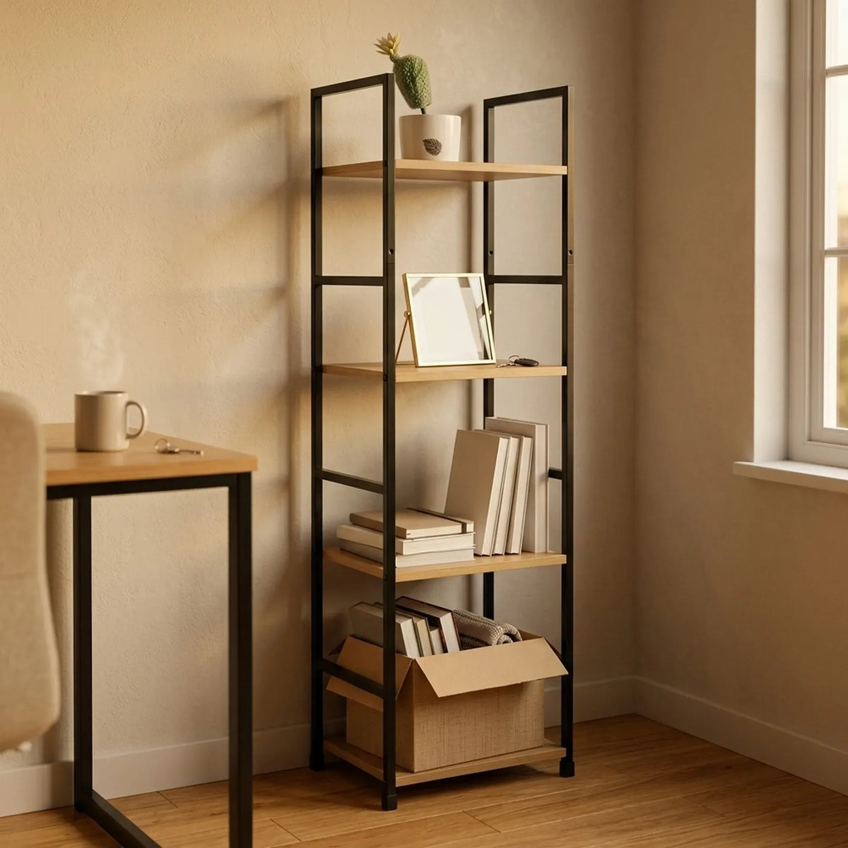 CARLA HOME 4 Tier Bookshelf - Wood Metal Display Shelf - Brown - Rustic - Steel - Living Room Office