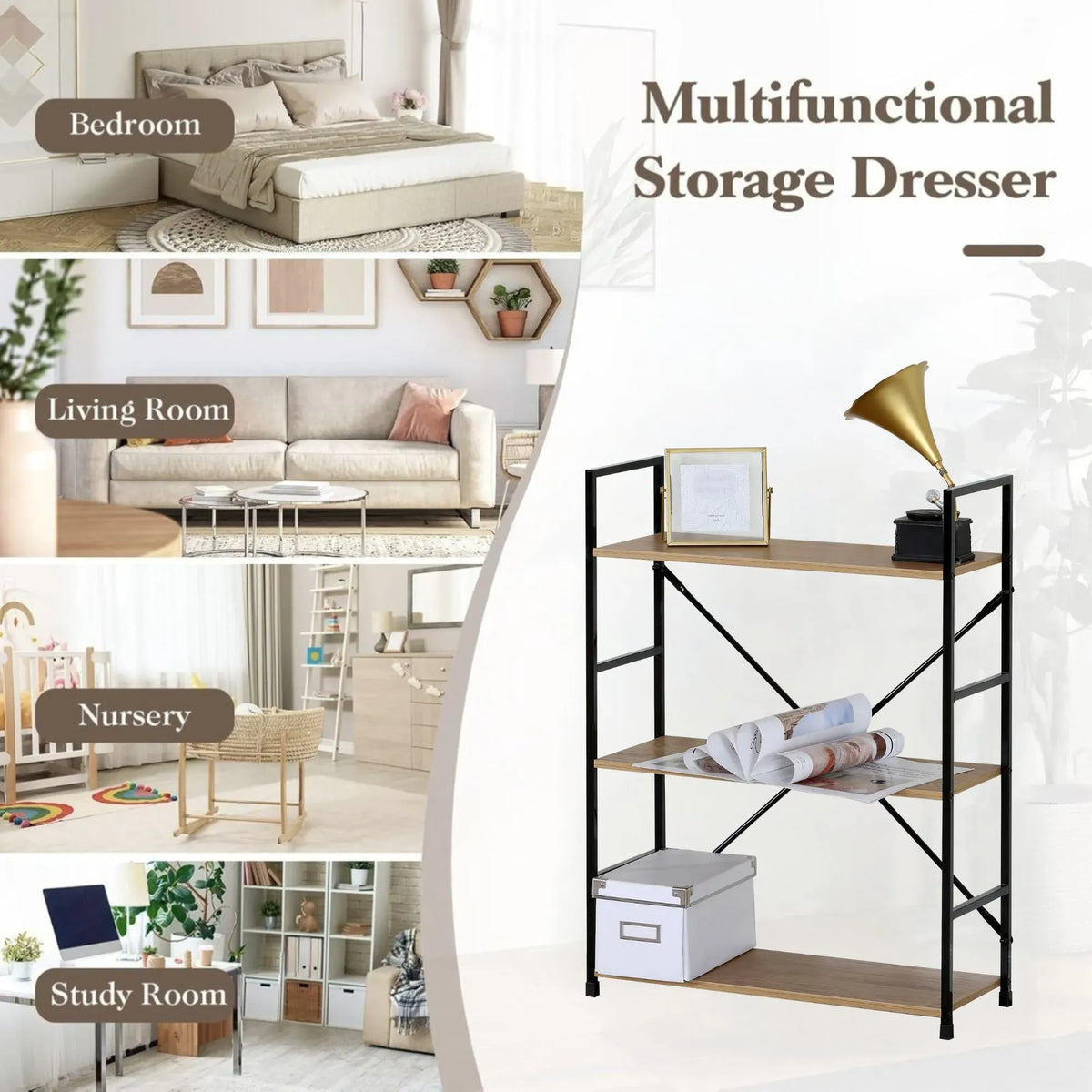 CARLA HOME 3 Tier Bookshelf - Industrial Display Shelf - Brown - Rustic - Steel - Living Room Office