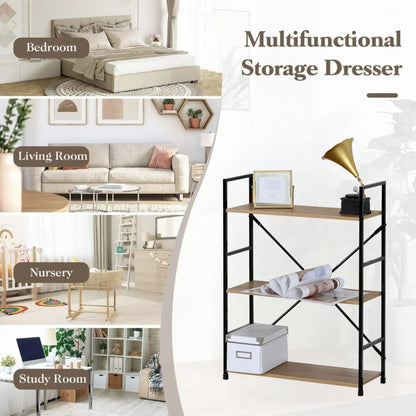 CARLA HOME 3 Tier Bookshelf - Industrial Display Shelf - Brown - Rustic - Steel - Living Room Office