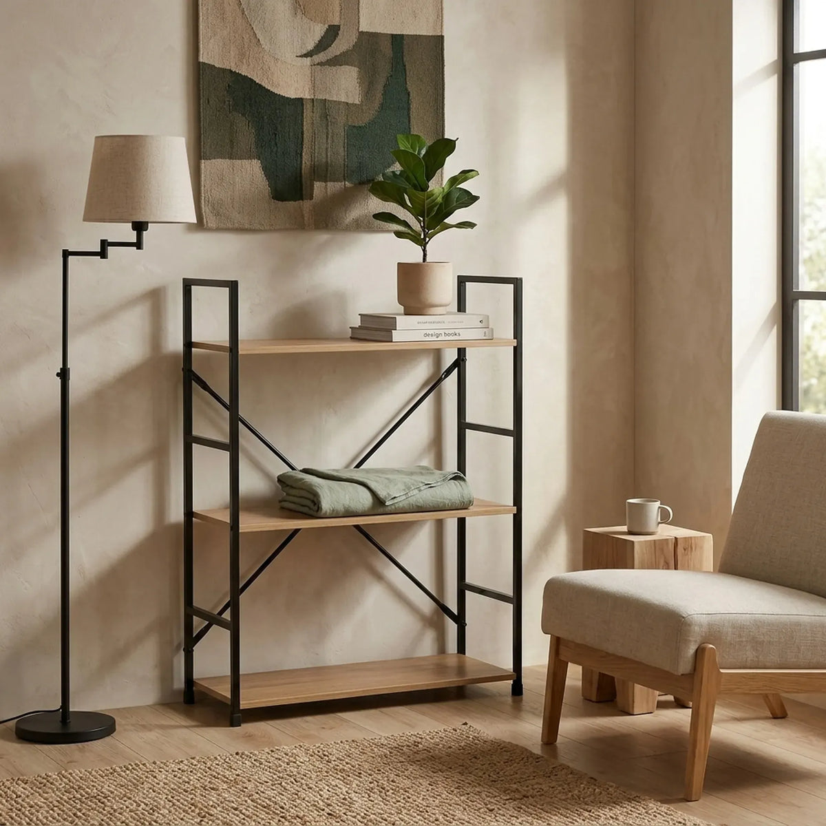 CARLA HOME 3 Tier Bookshelf - Industrial Display Shelf - Brown - Rustic - Steel - Living Room Office