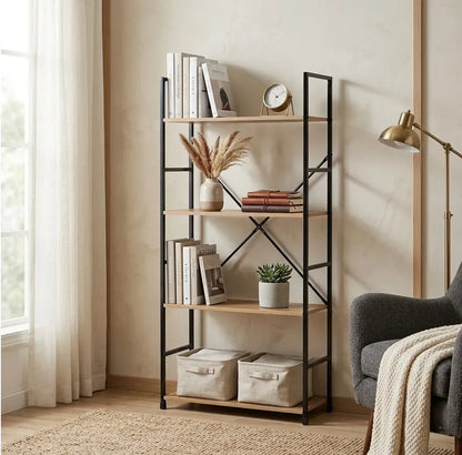 CARLA HOME 4 Tier Bookshelf - Industrial Display Shelf - Brown - Rustic - Steel - Living Room Office