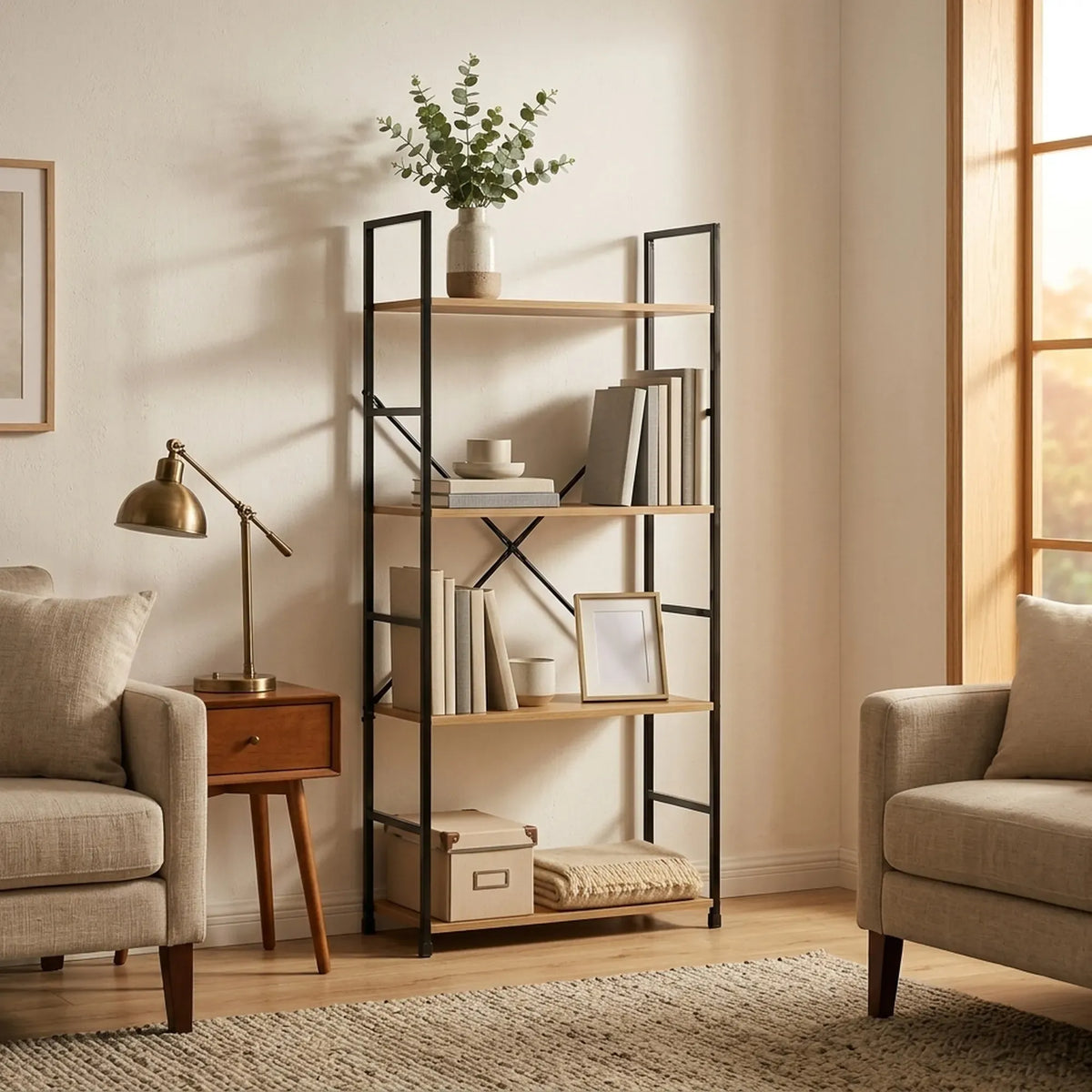 CARLA HOME 4 Tier Bookshelf - Industrial Display Shelf - Brown - Rustic - Steel - Living Room Office