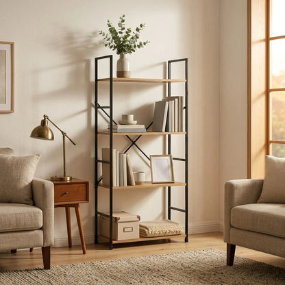 CARLA HOME 4 Tier Bookshelf - Industrial Display Shelf - Brown - Rustic - Steel - Living Room Office