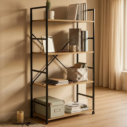 CARLA HOME 4 Tier Bookshelf - Industrial Display Shelf - Brown - Rustic - Steel - Living Room Office