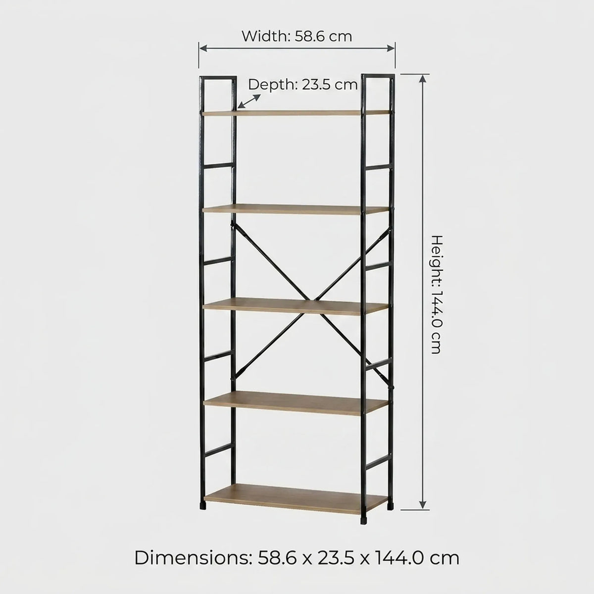 CARLA HOME 5 Tier Bookshelf - Industrial Display Shelf - Brown - Rustic - Steel - Living Room Office