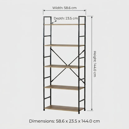CARLA HOME 5 Tier Bookshelf - Industrial Display Shelf - Brown - Rustic - Steel - Living Room Office