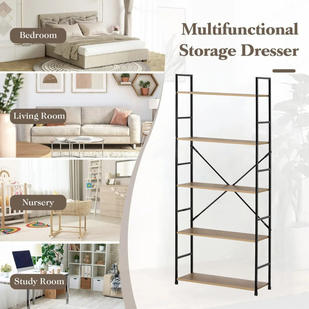 CARLA HOME 5 Tier Bookshelf - Industrial Display Shelf - Brown - Rustic - Steel - Living Room Office