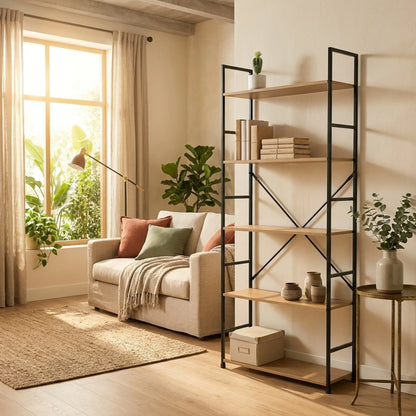 CARLA HOME 5 Tier Bookshelf - Industrial Display Shelf - Brown - Rustic - Steel - Living Room Office