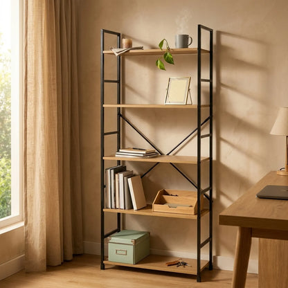 CARLA HOME 5 Tier Bookshelf - Industrial Display Shelf - Brown - Rustic - Steel - Living Room Office