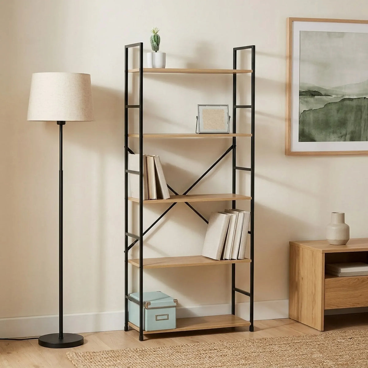 CARLA HOME 5 Tier Bookshelf - Industrial Display Shelf - Brown - Rustic - Steel - Living Room Office