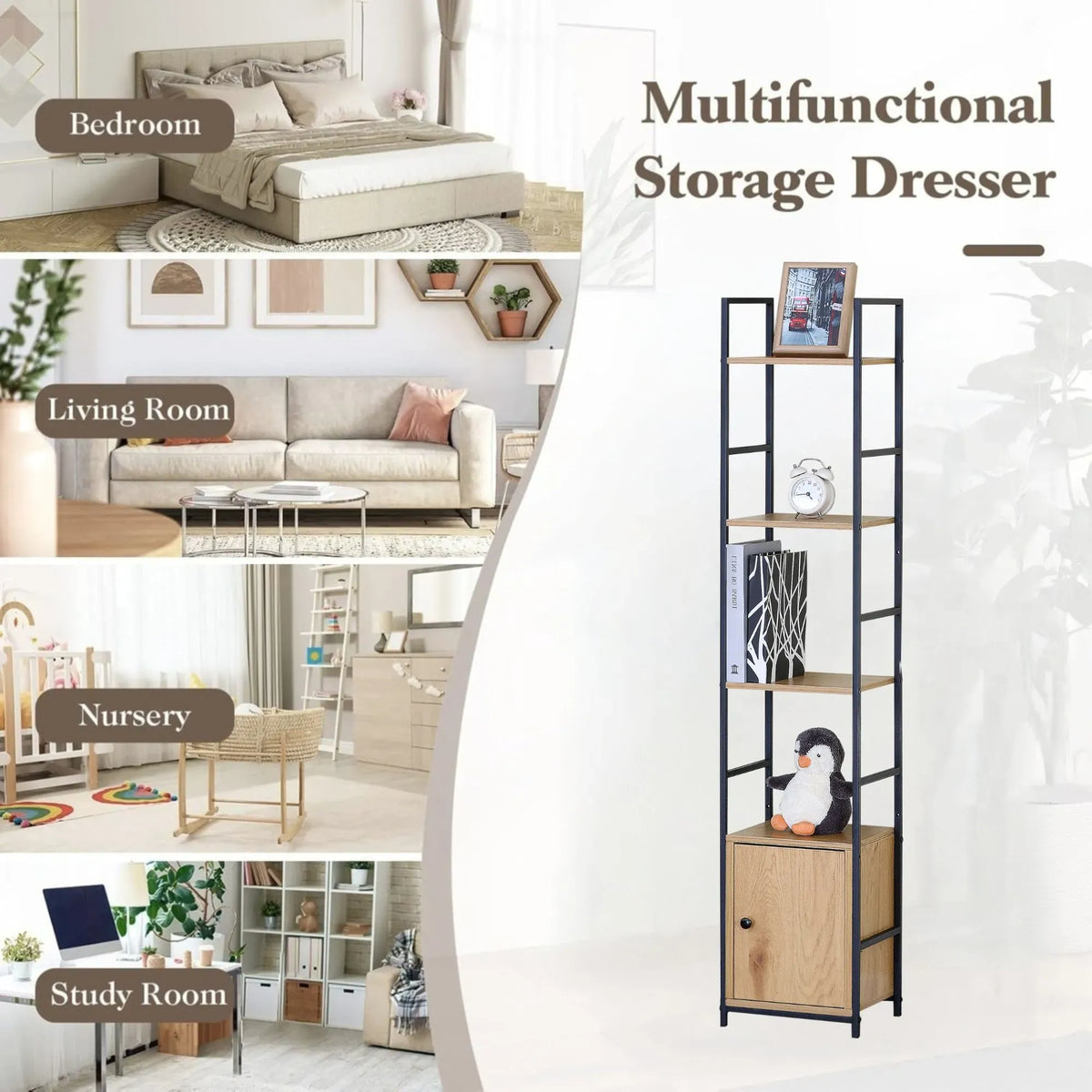 CARLA HOME 5 Tier Bookshelf with Cabinet - Brown - Storage Cabinet - Rustic - Steel