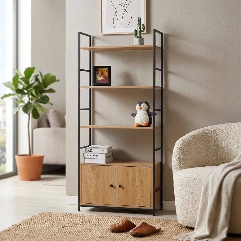 CARLA HOME Bookcase with Cabinet - 4 - Shelf Storage - Oak - Brown - Storage Cabinet