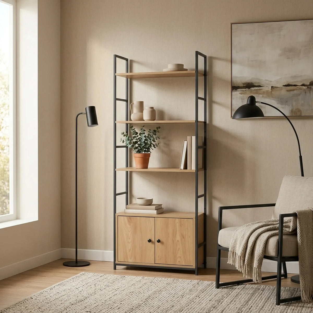 CARLA HOME Bookcase with Cabinet - 4 - Shelf Storage - Oak - Brown - Storage Cabinet