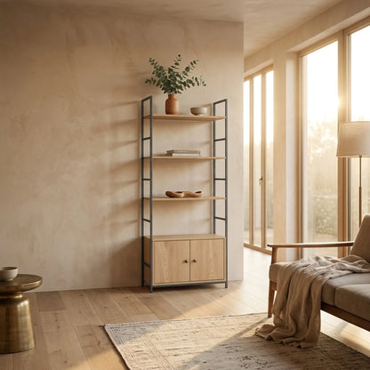CARLA HOME Bookcase with Cabinet - 4 - Shelf Storage - Oak - Brown - Storage Cabinet