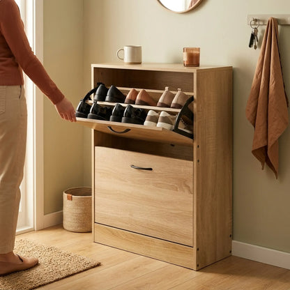 CARLA HOME 2 Flip Drawer Shoe Cabinet - Hidden Storage - Modern - Shoe Storage Cabinet - Oak