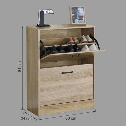 CARLA HOME 2 Flip Drawer Shoe Cabinet - Hidden Storage - Modern - Shoe Storage Cabinet - Oak