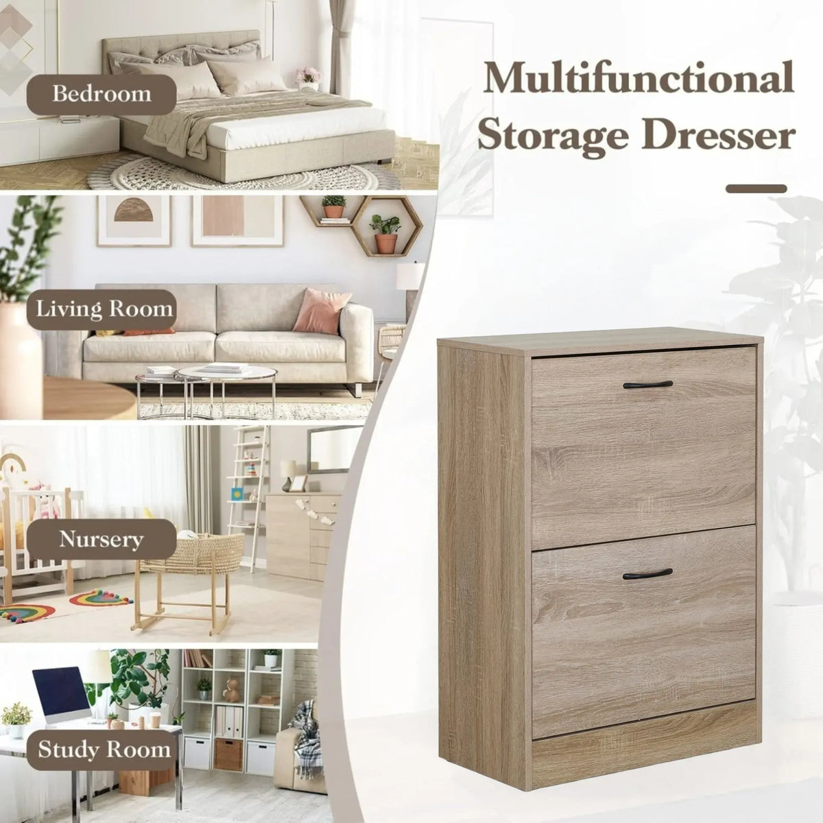 CARLA HOME 2 Flip Drawer Shoe Cabinet - Hidden Storage - Modern - Shoe Storage Cabinet - Oak