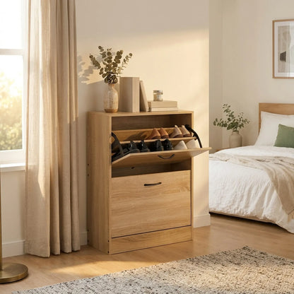 CARLA HOME 2 Flip Drawer Shoe Cabinet - Hidden Storage - Modern - Shoe Storage Cabinet - Oak