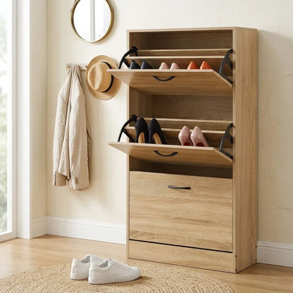 CARLA HOME 3 Flip Drawer Shoe Cabinet - Hidden Storage - Modern - Shoe Storage Cabinet - Oak