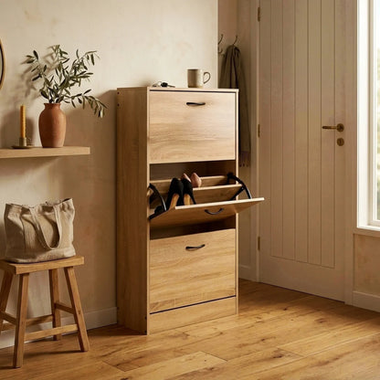 CARLA HOME 3 Flip Drawer Shoe Cabinet - Hidden Storage - Modern - Shoe Storage Cabinet - Oak