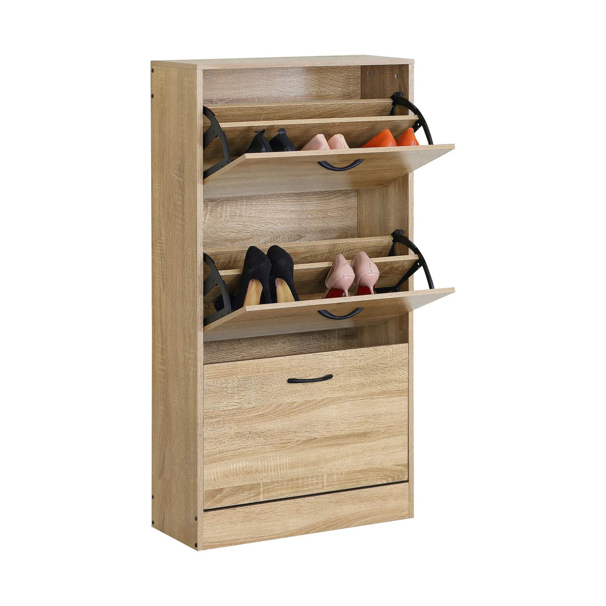 CARLA HOME 3 Flip Drawer Shoe Cabinet - Hidden Storage - Modern - Shoe Storage Cabinet - Oak