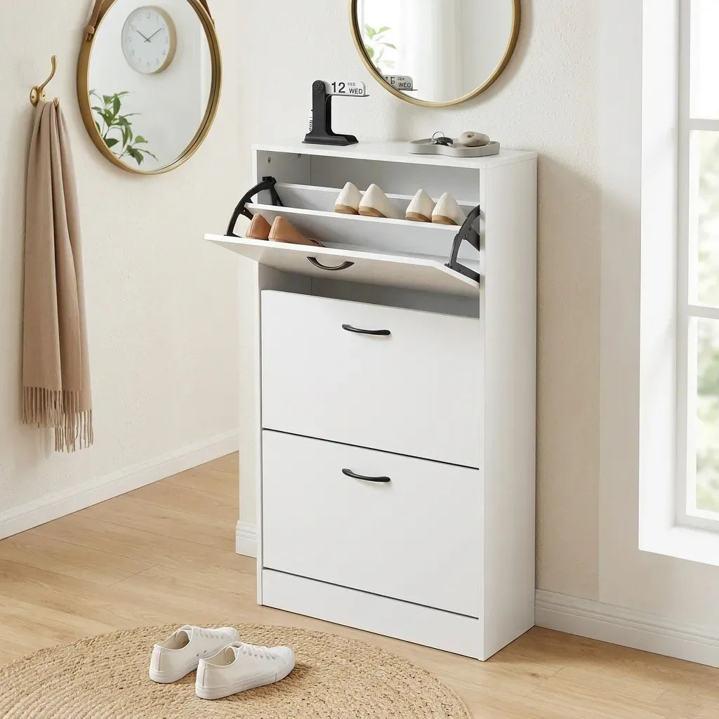 CARLA HOME 3 Flip Drawer Shoe Cabinet - Hidden Storage - Modern - Shoe Storage Cabinet - White