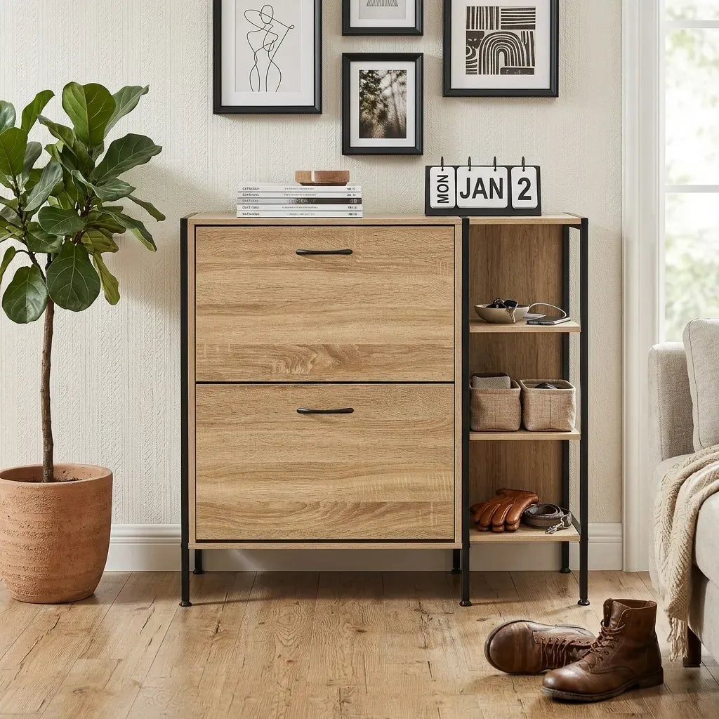 CARLA HOME 2 Flip Shoe Cabinet with Side Shelf - 88 cm Oak - Brown - Shoe Cabinet With Shelf
