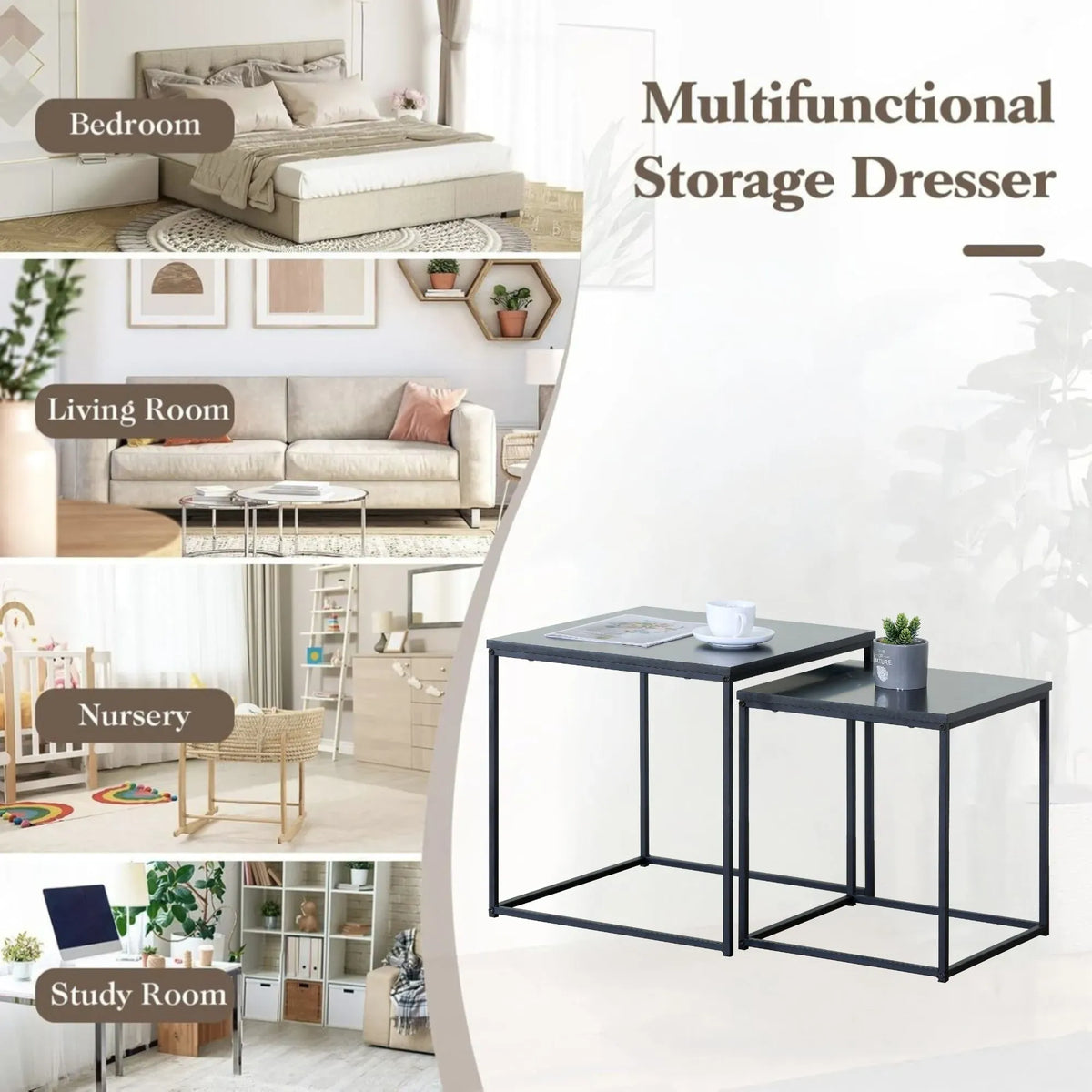 CARLA HOME Nesting Side Table Set of 2 - Black Steel Frame - Classic - Tables Living Room