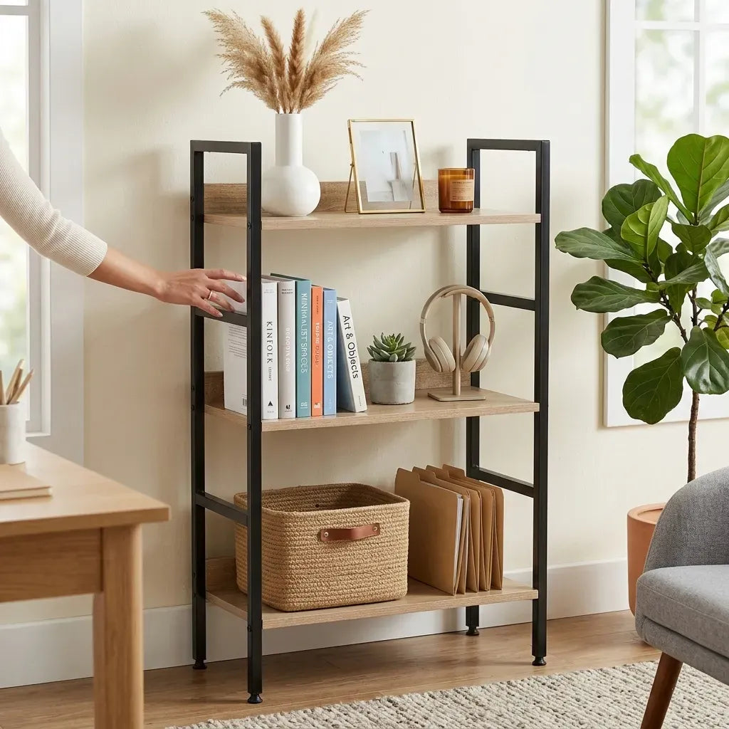 CARLA HOME 3 Tier Bookshelf - Wood Metal Display Shelf - Brown - Rustic - Steel - Living Room Office