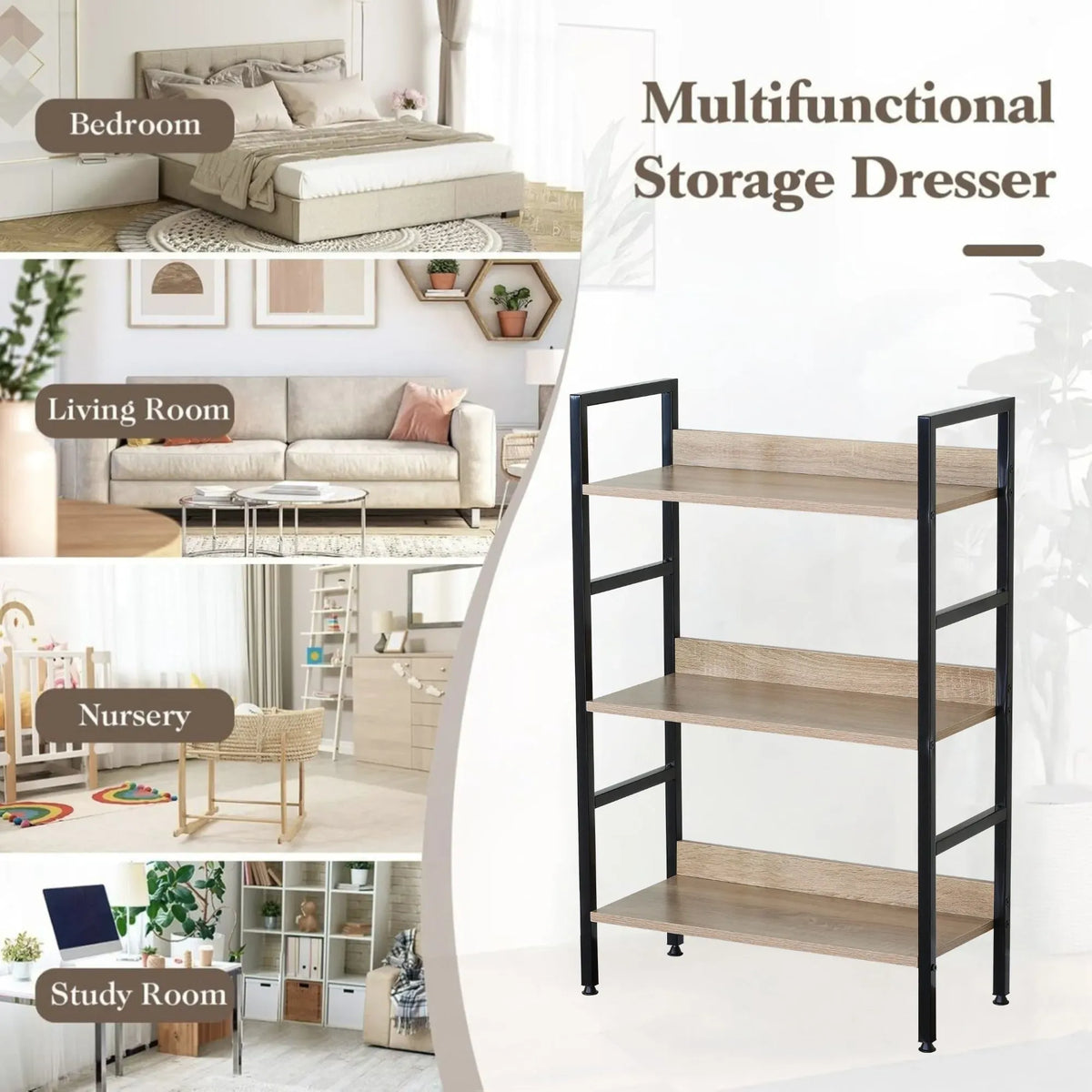 CARLA HOME 3 Tier Bookshelf - Wood Metal Display Shelf - Brown - Rustic - Steel - Living Room Office