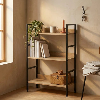 CARLA HOME 3 Tier Bookshelf - Wood Metal Display Shelf - Brown - Rustic - Steel - Living Room Office